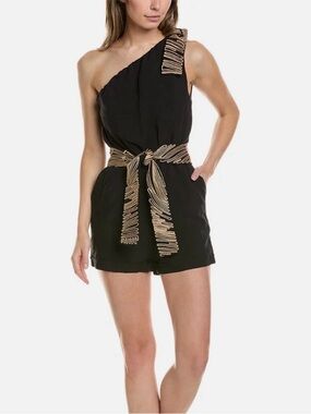 Sz 4 Vix Paula Hermanny One-Shoulder Black Mini Romper without Gold-Trim Belt
